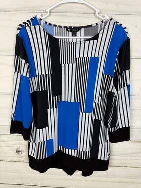 N Touch Blue Black White Geometric Striped 3/4 Sleeve Top Size S